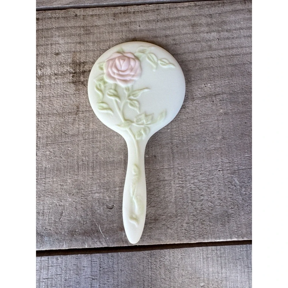 ANTIQUE CERAMIC HAND‎ MIRROR ROSE STEM LEAVES CHILD VANITY DOLL VINTAGE OLD